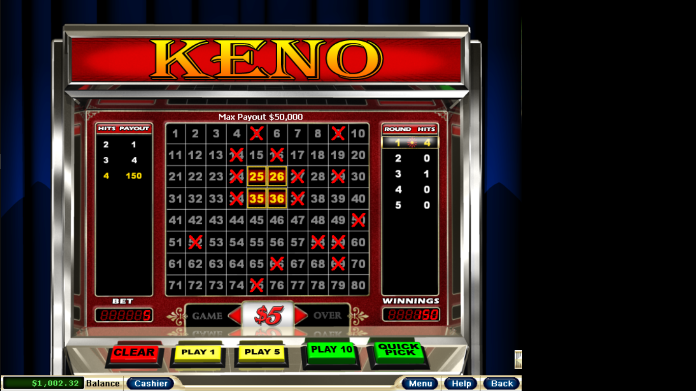 $5 Keno 4/4 $750 WIN :)