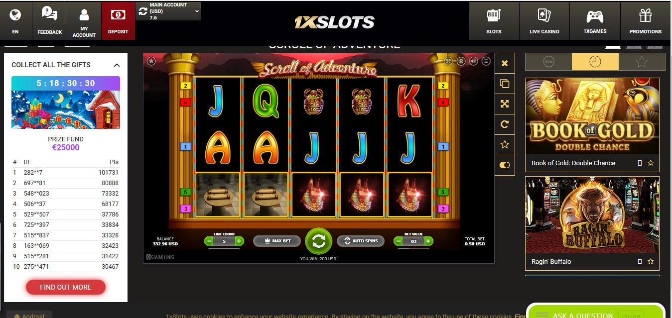 win 200$ with bet 0.50$ in 1xslots