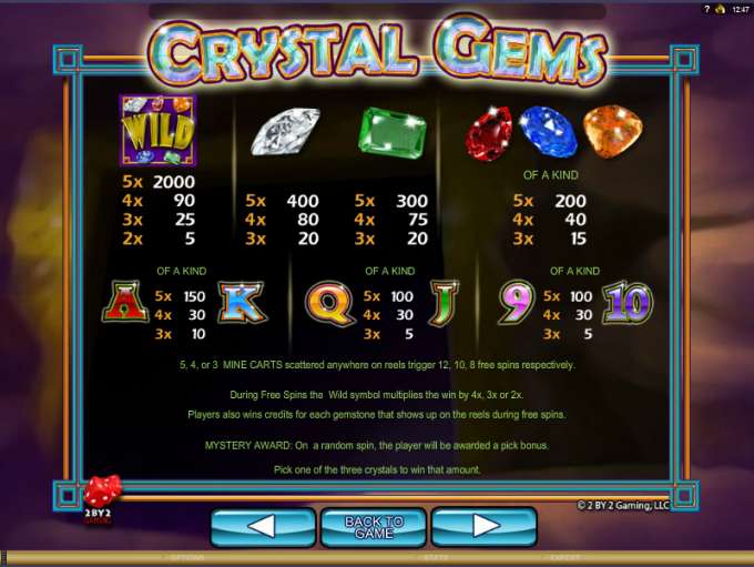 Slot Basics.Crystal Gems by 2by2 Gaming is a fantastic online slot machine when it comes to payouts and gameplay and features.On the other hand, you will not be captivated by is visuals, as the symbols come in basic graphics that look like a traditional slot from the s/5.