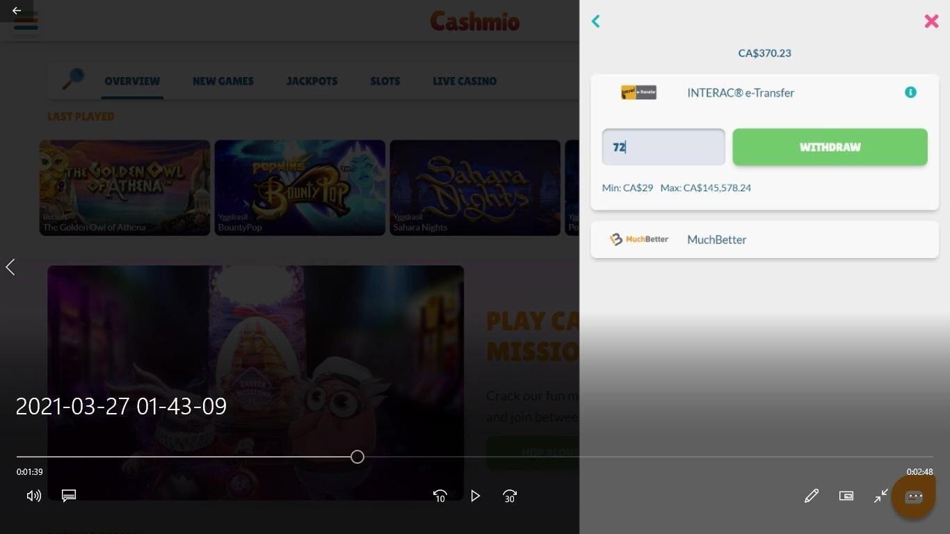 Cashmio Casino_Uitbetaling via Interac